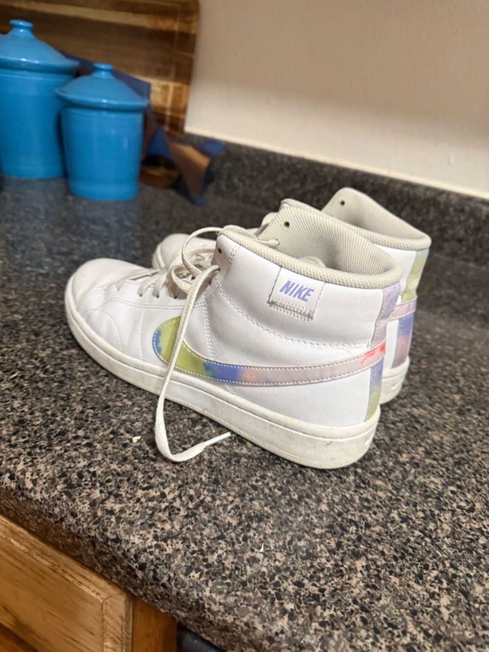 Nike White High-Top Sneakers with Pastel Rainbow Swoosh